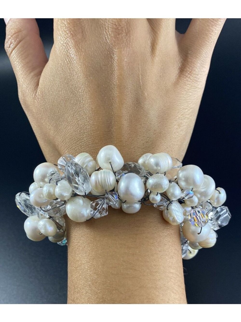 Sterling Silver Faceted Glass & Cultured Pearl Cluster Toggle Bracelet